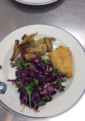 A picture of Pan Seared Cod with Apple Cashew Micro-green Salad .