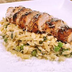 Lemon Garlic Basil Orzo with Grilled Chicken A picture of Lemon Garlic Basil Orzo with Grilled Chicken.