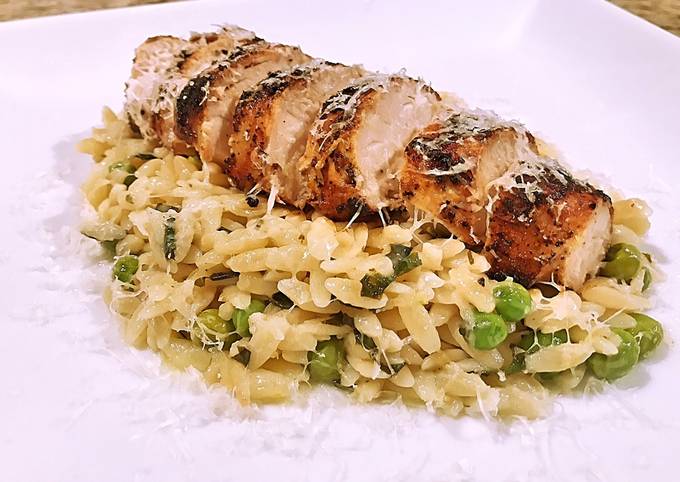 Lemon Garlic Basil Orzo with Grilled Chicken