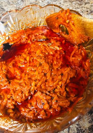A picture of Garlicky Raw Mango thokku /pickle.