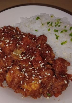 A picture of High Protein Korean Popcorn Chicken and Rice.
