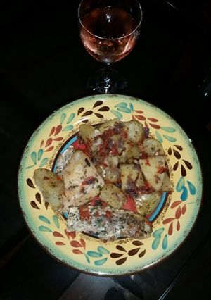 A picture of Fried Sweet potatoes and salmon fish sauce.