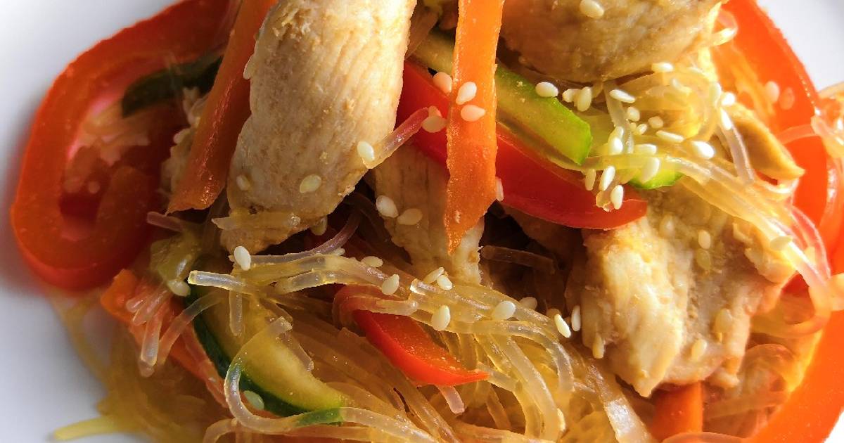 Фунчоза с курицей и овощами фото пошагово рецепт