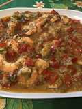 Crevettes aux poivrons rouges,rhubarbe et aneth