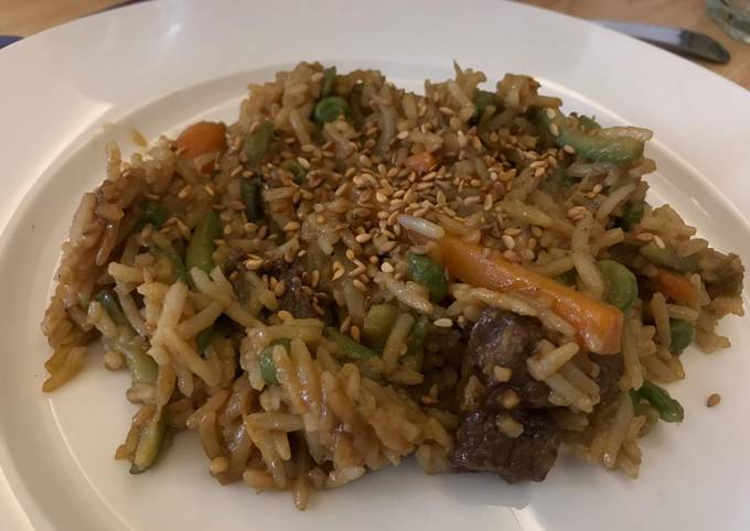 Recipe of Real Fried rice with veggies and meat for Dinner Food