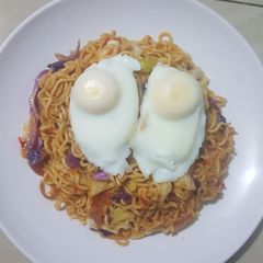 A picture of Stir Fry Noodles and Microwaved Eggs.