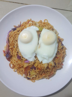 A picture of Stir Fry Noodles and Microwaved Eggs.