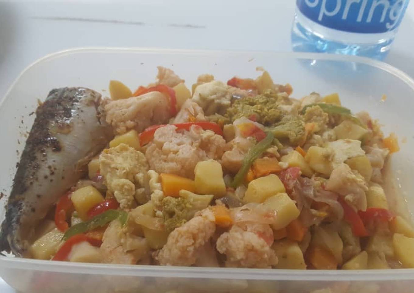 Irish potatoes with fish and vegetables