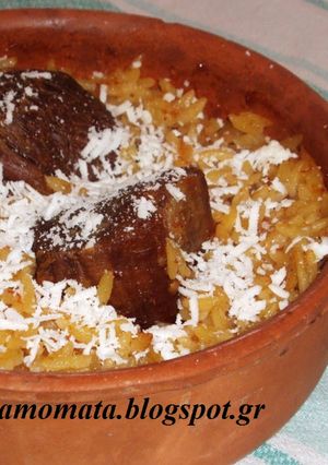 A picture of Beef Giouvetsi with Orzo in the Oven.