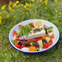 A picture of Vegan Greek Salad with green herbs 🌱🌿.