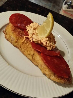A picture of Brad's wild rockfish w/ Spanish chorizo & jalapeño snow crab dip.