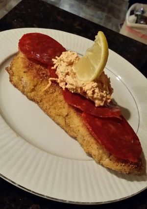 A picture of Brad's wild rockfish w/ Spanish chorizo & jalapeño snow crab dip.