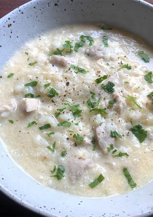 A picture of Lemon Chicken & Egg Rice Soup.