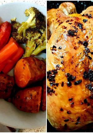A picture of My All together Roast. Red Peppered Chicken + Veg. #Mainmeal.