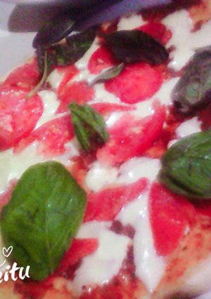 Una foto de Pizza casera con tomate 🍅 y albahaca