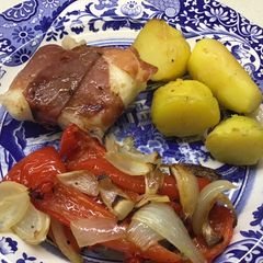 Cod in Parma ham with roasted vegetables #mycookbook A picture of Cod in Parma ham with roasted vegetables #mycookbook.