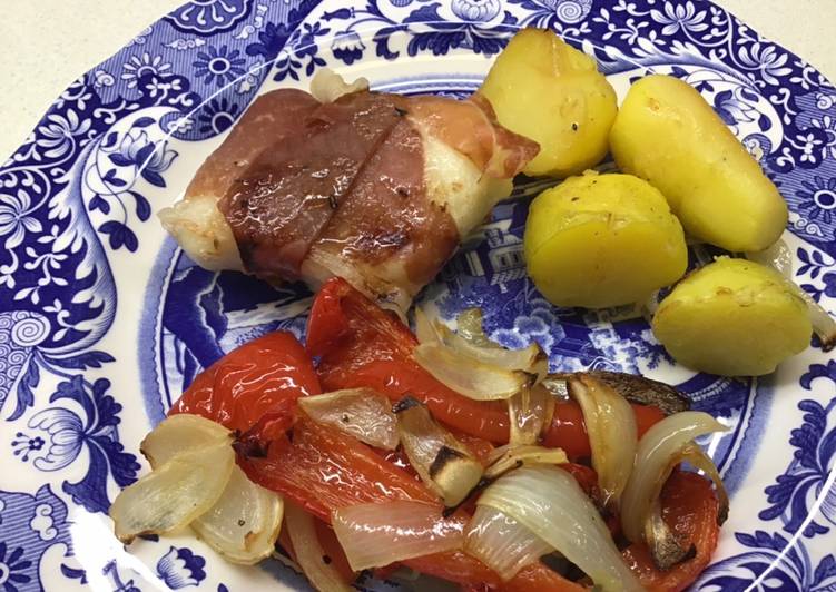 Cod in Parma ham with roasted vegetables #mycookbook