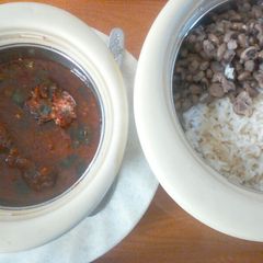 A picture of Rice,beans and source.
