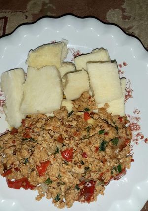 A picture of Boiled yam with egg.