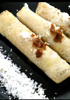 A picture of Banana and rice powder pancake with coconut.