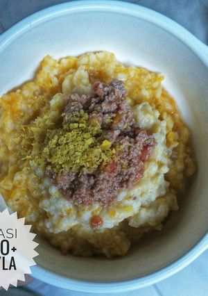 Foto resep MPasi 8mo+ Nasi tim labu kuning, daging sapi, kacang merah,tomat