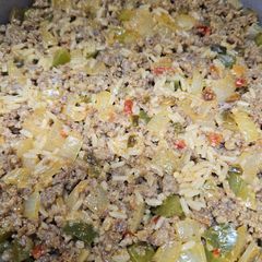 A picture of Jambalaya made with breakfast sausage.