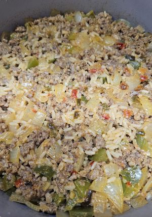 A picture of Jambalaya made with breakfast sausage.