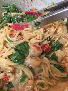 A picture of One pot cheesy shrimp pasta.
