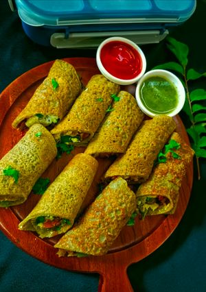 A picture of Stuffed Moong Dal Wrap - Veggie & Paneer Stuffed Moong Dal Wrap.