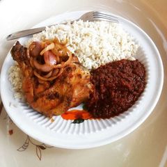 A picture of Rice, stew and peppered chicken.