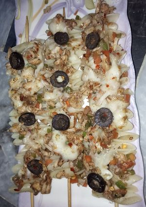 A picture of Baked penne pasta sticks 🍝🍜🍢🍢🍢.
