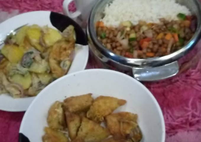 Recipe of Favorite Rice,fried beans,fried egg mixed with potatoes,and indomie cake