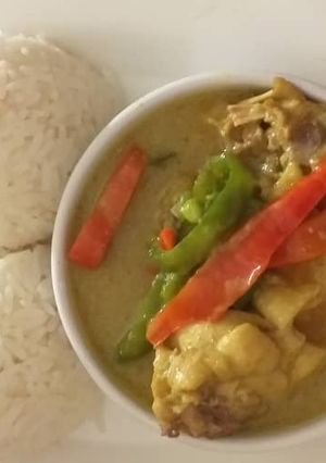 A picture of Chicken curry sauce with rice and fried plantain.