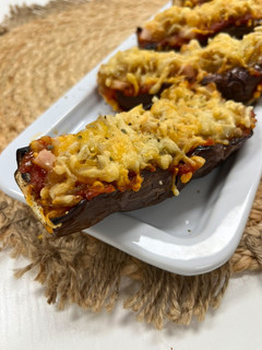 Una foto de Berenjenas rellenas de pavo y queso con cebolla caramelizada en Airfryer - Receta para batch cooking