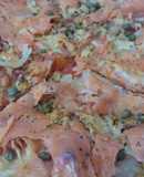 Pizza,bacon,ceba i salmon con Alcaparras