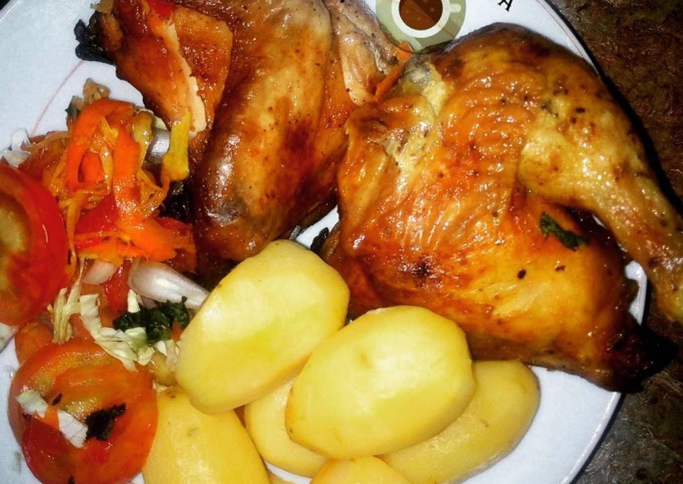 Boil potatoes with grilled chicken nd veggies sauce