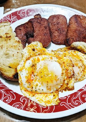 A picture of Crispy Caramelized Spam & Eggs.