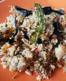 Arroz con pollo y jamón curado con setas y tomate secos
