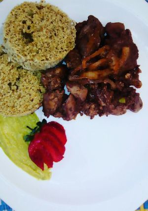 A picture of Chicken Livers with Bread layered on Avo Mousse #OffalCooking.