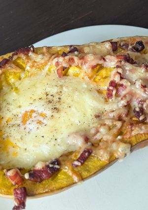 Une photo de Butternuts au four, œuf façon cocotte lardons et comté