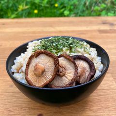 A picture of Brown Rice with Aonori Seaweed and Miso Mushrooms.