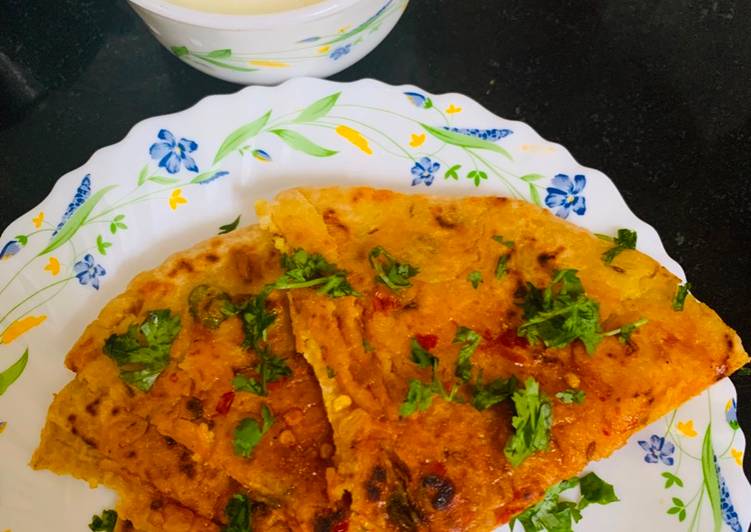 Recipe of Any-night-of-the-week Stuffed Leftover Rice Paratha topped with Schezwan Sauce