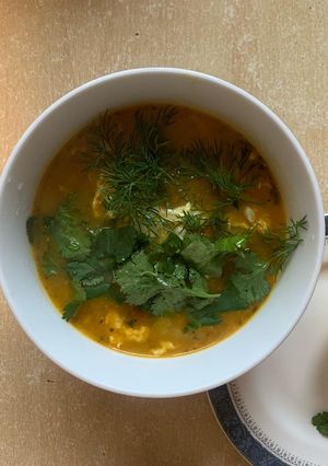A picture of Eshkeneh - Iranian onion and fenugreek based soup.