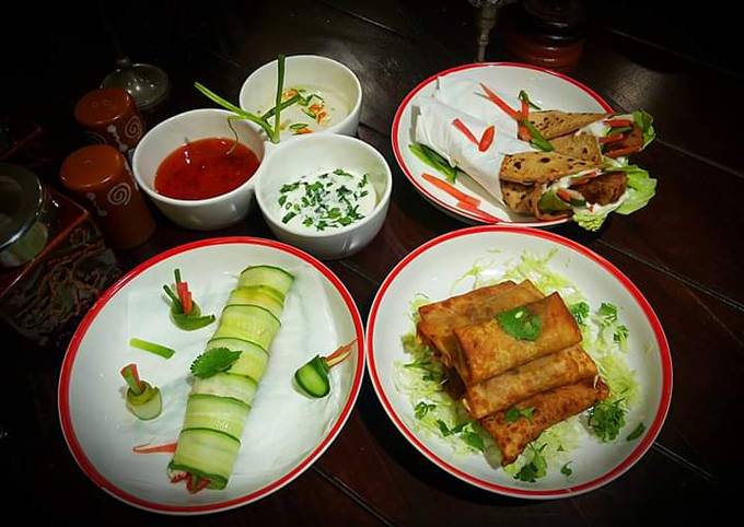 Rajma Tikki Kathi Rolls,Cucumber Veggie Rolls, Soya spring Rolls with Chili Paneer Noodles