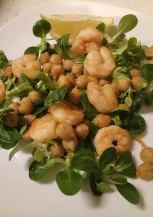 A picture of Warm chickpea and prawn salad.