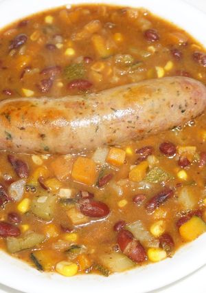 A picture of Red kidney bean soup with vegetables and homemade italian sausages.