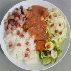 A picture of White rice with cocktail beans and ramen stew.