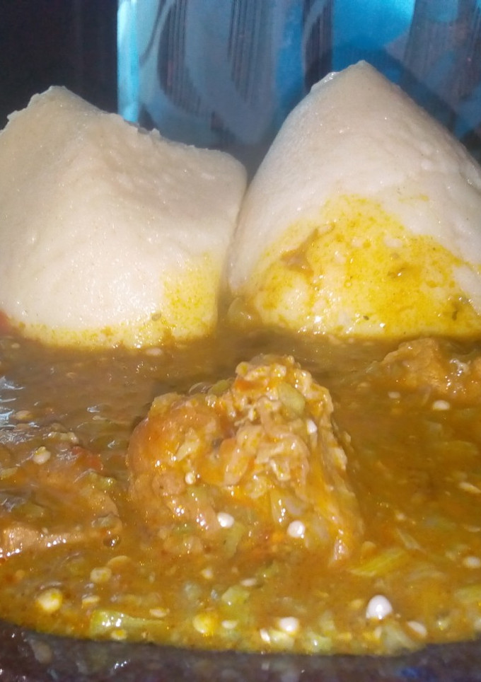 A picture of Semovita with okro soup.