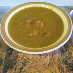 A picture of Red/Green Lentil Soup with Beef Sausage.