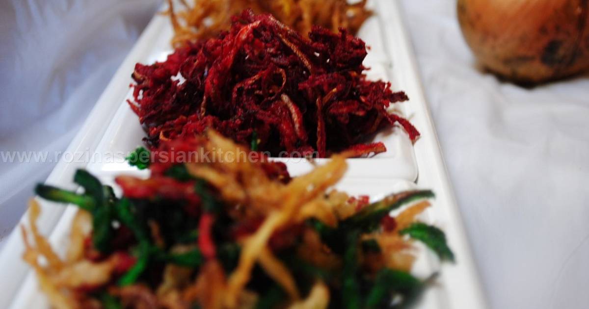 Crispycolourful fried onions (Persian piaz dagh) Recipe by Rozina